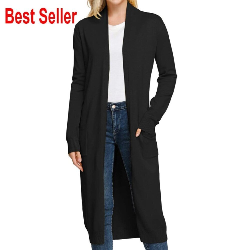 Open Front Maxi Knit Cardigan Sweater Long Duster Chic Elegant Minimal